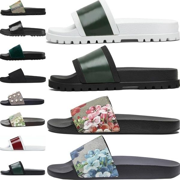 

2022 designer slippers men women slides casual shoes bloom web black floral strawberry print slide leather rubber red sandal summer flat