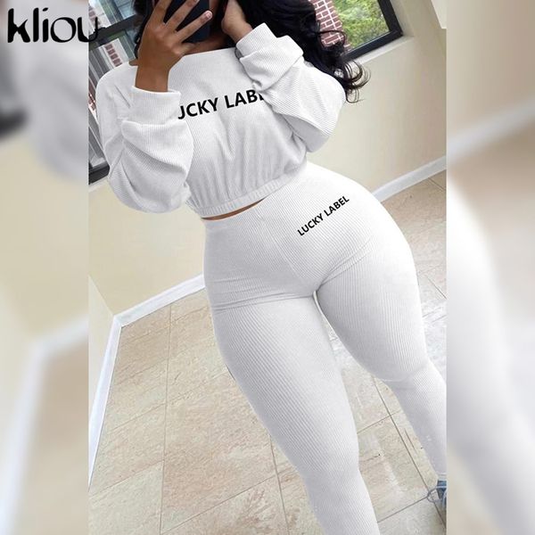 

biker style two piece set women simple casual solid knitted long sleeve o-neck letter print sporty active female pants, White
