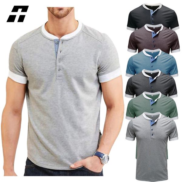 Maglietta estiva Henry Collar da uomo con scollo a V T-shirt casual retrò da uomo in cotone di qualità manica corta che tocca il fondo maschile Top Tee