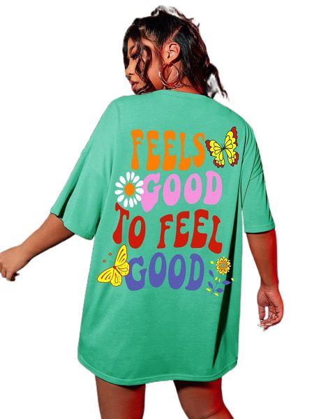 

plus slogan & butterfly print drop shoulder tee f2ev#, Black