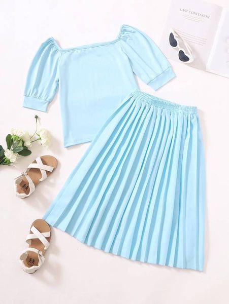 

girls puff sleeve tee & pleated skirt she, White