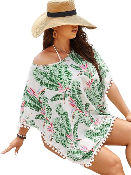 

plus plant print pom pom trim batwing sleeve cover up without bikini x3ix#, Black