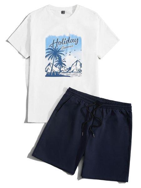 

men tropical & letter graphic tee & shorts set o3e0#, Gray