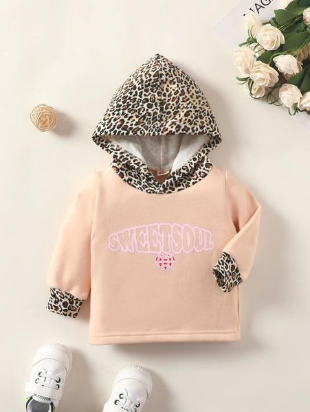 

baby leopard & letter graphic hooded sweatshirt she, Black