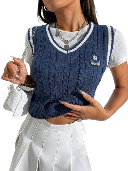 

bear patched striped trim cable knit sweater vest without tee n9s2#, White;black