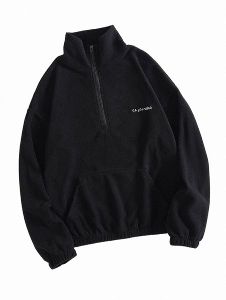 

slogan embroidery half zip fleece sweatshirt f6kf#, Black