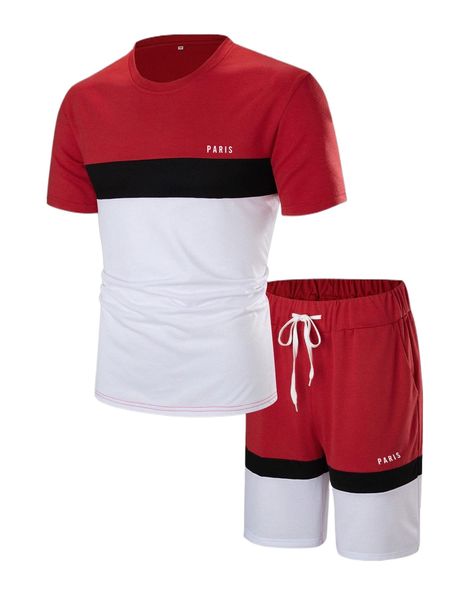 

men letter graphic colorblock tee & drawstring shorts l25j#, Gray