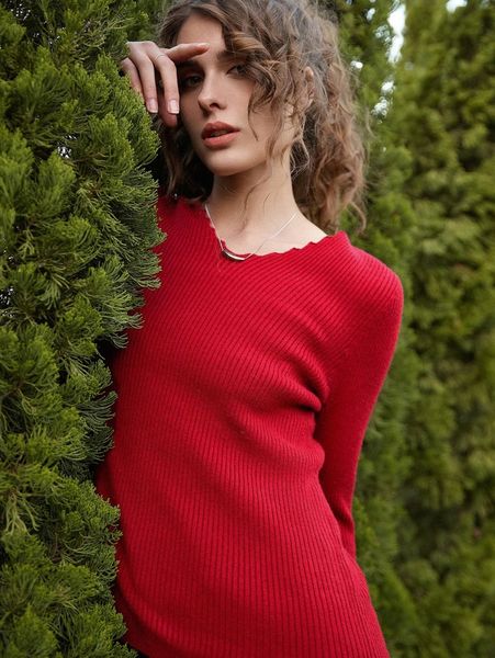 

knit mix scallop edge ribbed knit sweater i0n9#, White;black