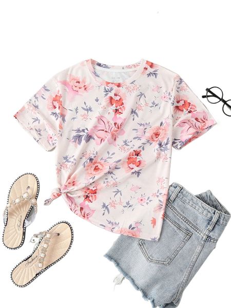 

floral print round neck tee t1uy#, White