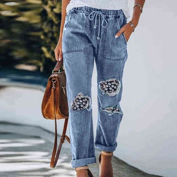 

mid-waist jeans women blue stretch patch harem pants casual loose street mom 's denim pants 2021 fashionable boyfriend pants l220726
