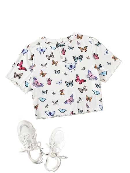 

plus butterfly print lettuce trim tee h5fh#, Black