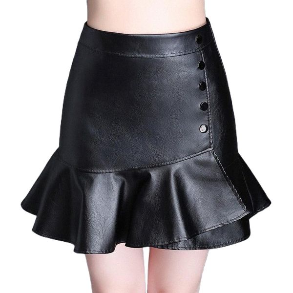 

skirts fashion short women 2022 autumn high waist package hip pu leather falbala mini a word skirt large size m-4xl m6xs#, Black
