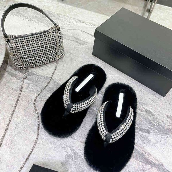 

slippers autumn plush herringbone slippers women's clip toe flat bottomed celebrities wear fashion outside, Black