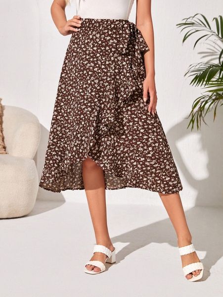 

emery rose ditsy floral ruffle trim wrap knot side skirt a84t#, Black