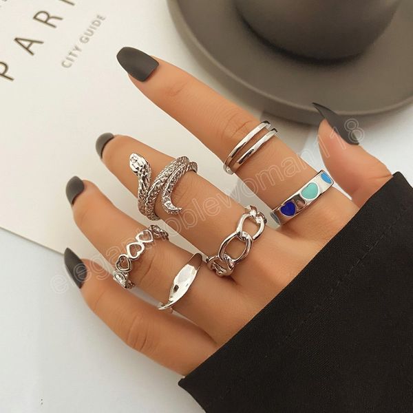 

fashion silver color metal ring set for women snake love heart chain irregular finger ring jewelry party gift accessorie