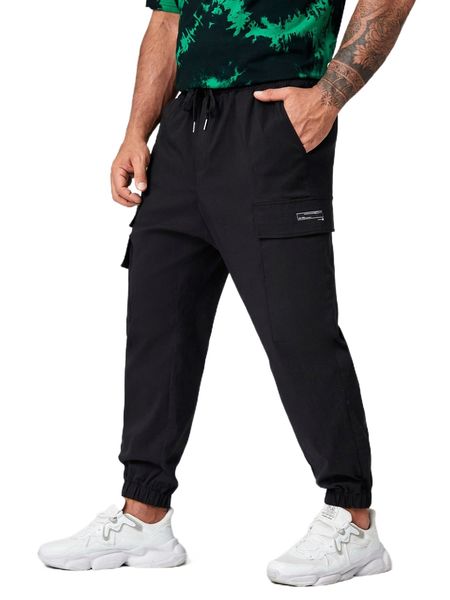 

extended sizes men letter patched flap pocket cargo pants 04ne#, Black