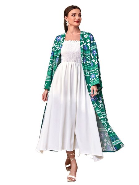 

floral print drop shoulder coat & shirred frilled cami dress e8dj#, White