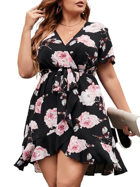 

plus floral print ruffle wrap hem dress g32g#, Black