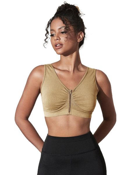 

low back ruched zipper front sports bra w6md#, Gray