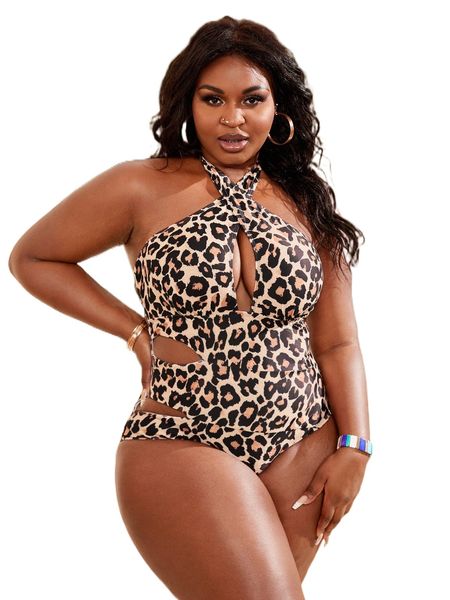 

plus leopard cut-out cross one piece swimsuit 90ld#, White;black