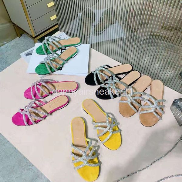 

slippers summer round head flat bottomed sheepskin fashionable women's shoes water diamond belt cross external slippers, Black
