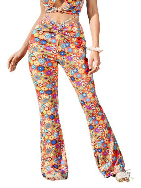 

allover floral print ruched tie back bootcut leg pants j1ky#, Black;white