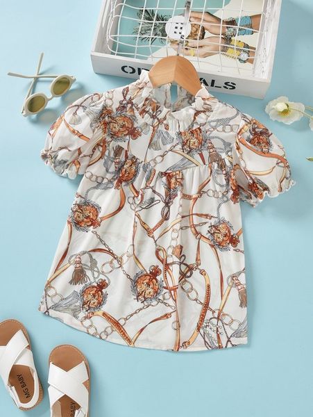 

toddler girls chain print frilled neck puff sleeve blouse she, White;black