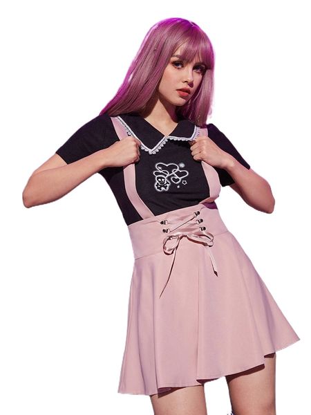 

romwe lace up pinafore skirt p5ze#, Black