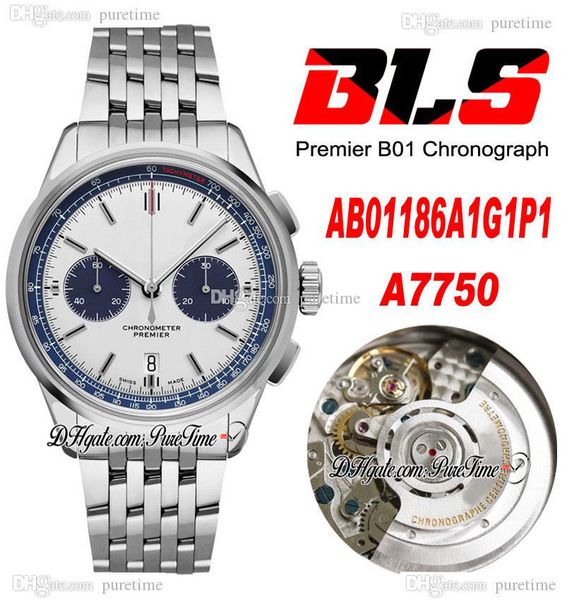 

bls premier b01 42mm eta a7750 automatic chronograph mens watch steel white blue dial stick stainless steel bracelet ab0118221b1a1 super edi, Slivery;brown