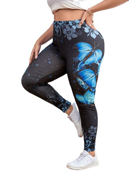 

plus floral & butterfly print leggings l6ss#, Black