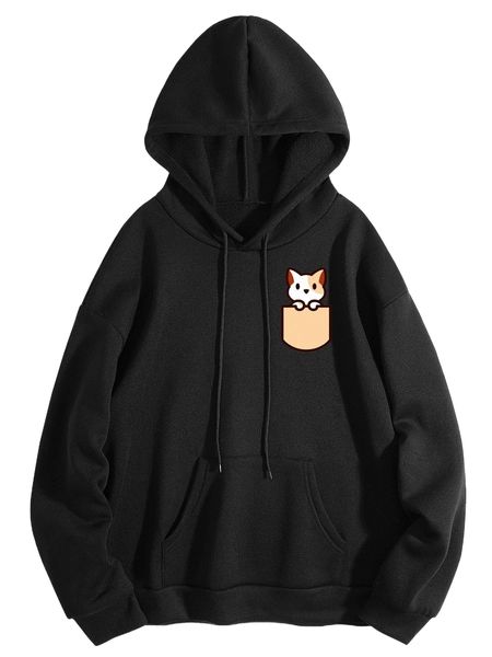 

cartoon print drawstring kangaroo pocket thermal hoodie v3bu#, Black