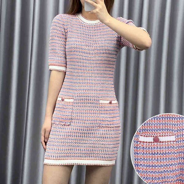 

casual dresses small fragrance short skirt round neck slim fit stripe color matching knitted medium sleeve dress early spring tbzj, Black;gray