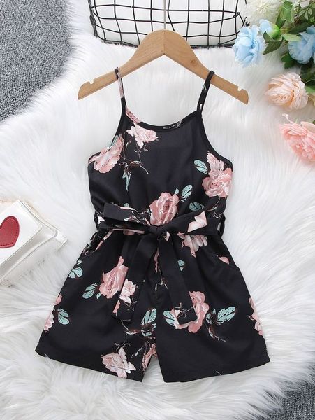

toddler girls floral print belted cami romper she, Blue