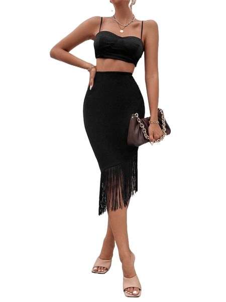 

high waist fringe hem skirt o7mf#, Black