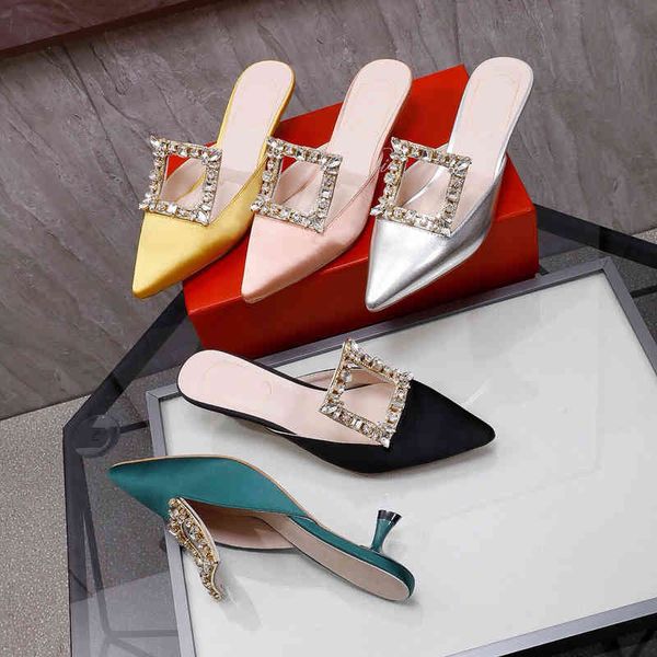 

sandals summer women's shoes pointed square buckle middle heel cool drag thin baotou muller pedal half slippers 4hg3, Black