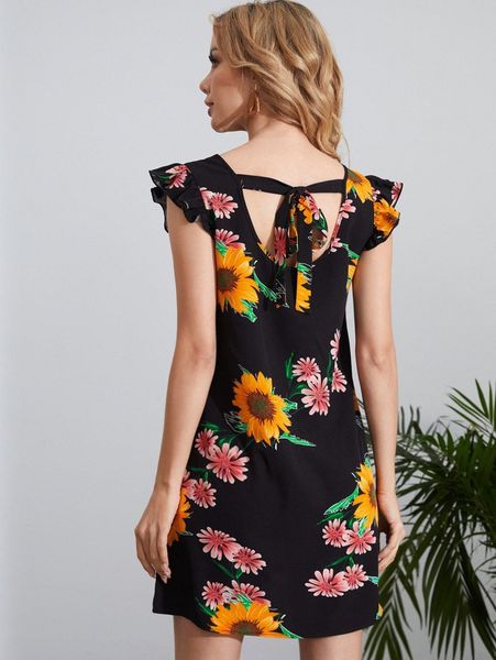 

floral print boat neck dress b6p0#, Black;gray