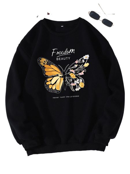 

slogan & butterfly print thermal pullover b7fq#, Black