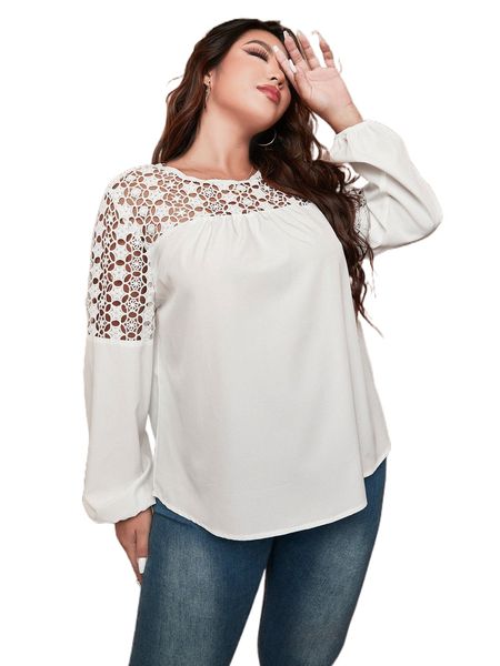 

plus contrast lace lantern sleeve blouse z4l9#, Black