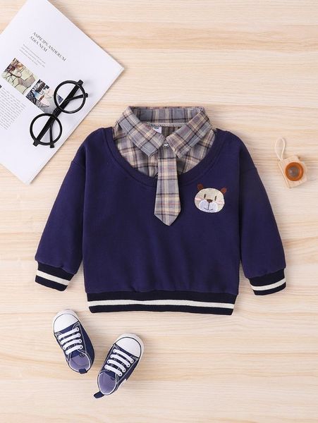 

cartoon embroidery striped trim 2 in 1 pullover she, Black