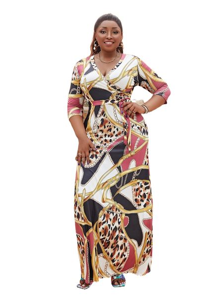 

plus chain print overlap collar dress 15sv#, Black