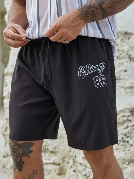 

extended sizes men letter graphic drawstring waist shorts j0ss#, White;black