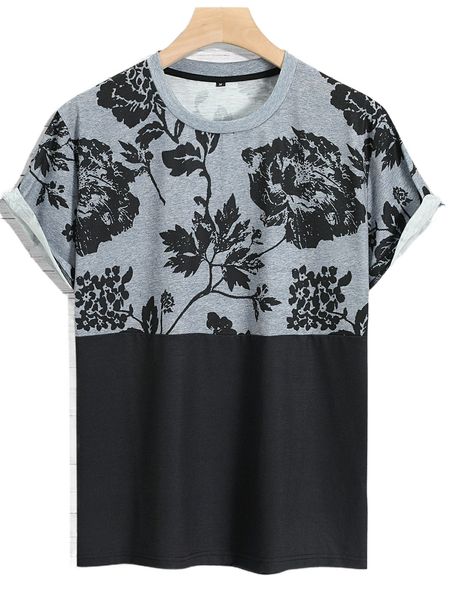 

men floral print two tone tee l9gq#, White;black