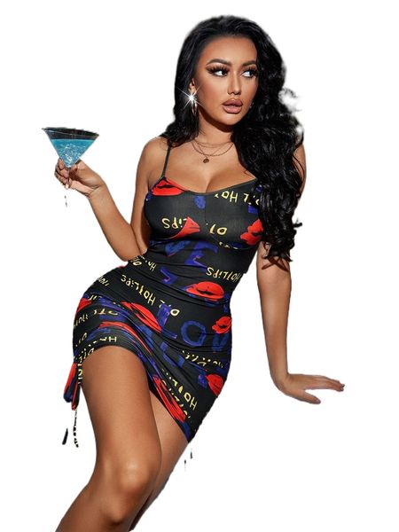 

sxy lip & letter graphic drawstring side bodycon dress q29v#, Black;gray