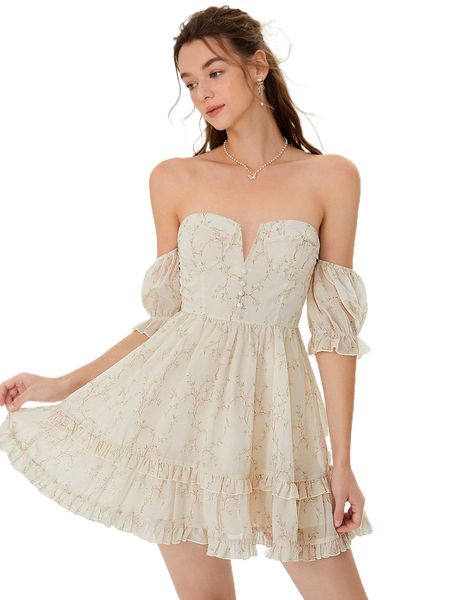 

mod floral print off shoulder v wired two layer hem chiffon dress j71n#, Black;gray