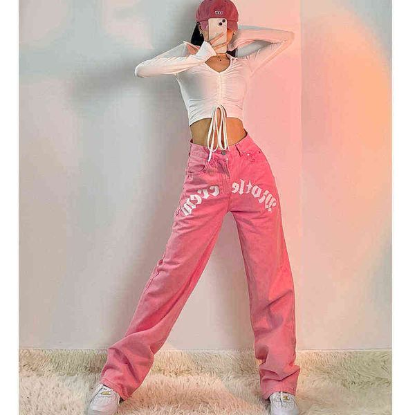 

2022 women's jeans high waist fashion pink streetwear printed jeans women's baggy wide leg trouser casual mom straight jeans t2207, Blue