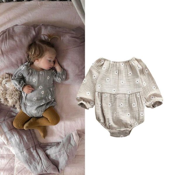 Strampler 0-24 Monate Baby Mädchen Sommeroverall Baumwolle und Leinen Body Langarm Beige Blumendruck Playsuit für MädchenStrampler