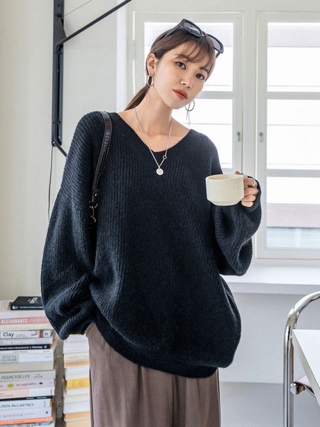 

dazy v neck drop shoulder oversized sweater m8sv#, White;black
