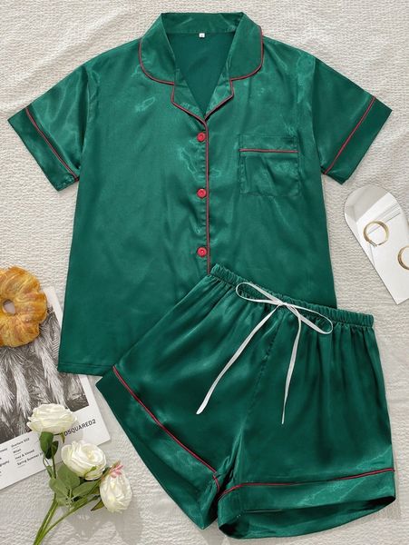 

contrast binding tie front satin pj set a4z8#, Black;red