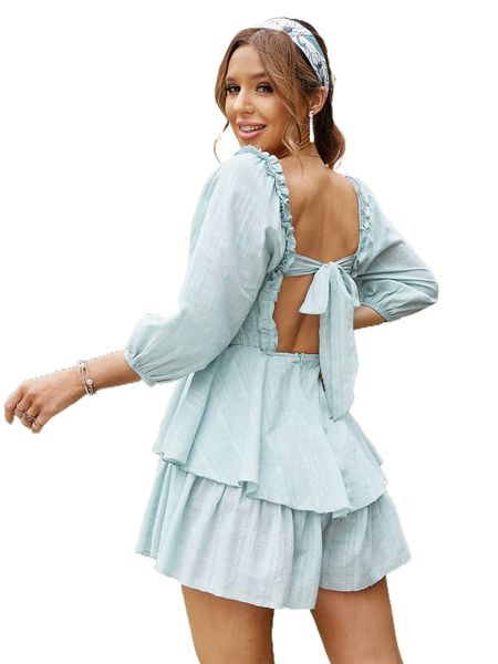 

simplee square neck shirred tie back layered romper q5as#, Black;white