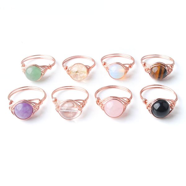 

Rose Gold Color Wire Wrap Quartz Round Bead Stone Crystal Ring for Women Jewelry 19mm Not Adjustable BO950